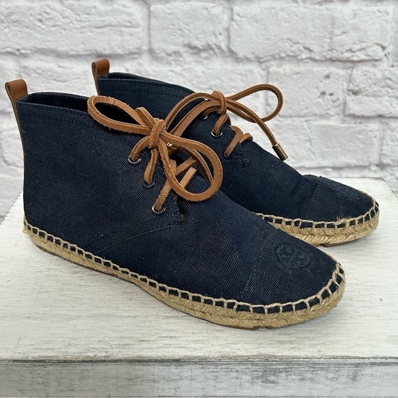 Tory Burch Navy Canvas Espadrille Lace Up Ankle Bootie Flats - Picture 7 of 16
